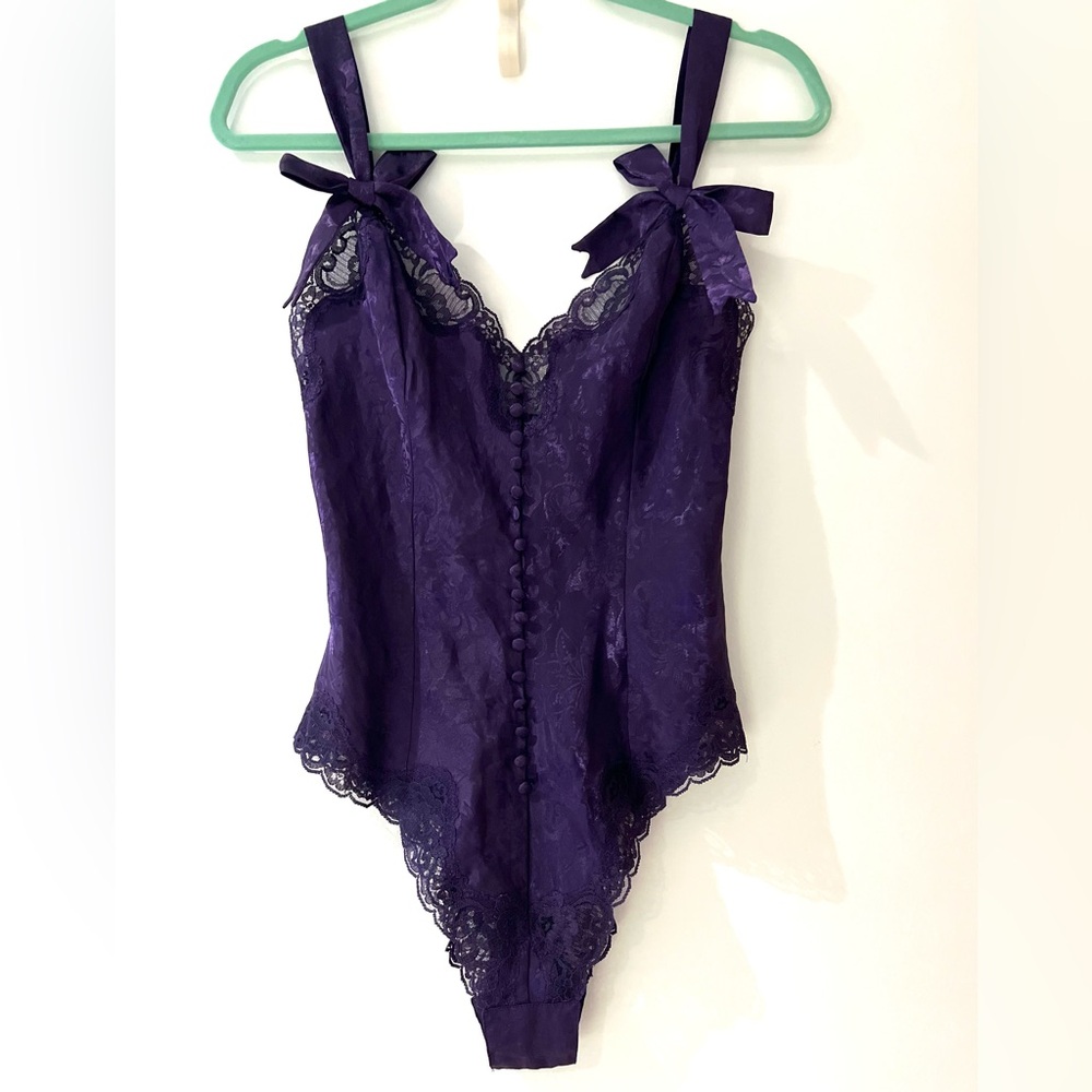 Vintage Victoria's Secret Bodysuit Teddy Lingerie Purple Jacquard Romantic Small